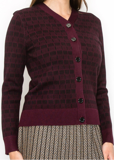 Burgundy and Black Check Knit Cardigan