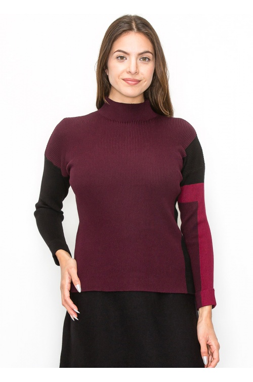 Burgundy Sweater with Color Block Sleeves