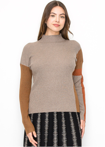Taupe Ribbed Sweater with Warm Accents