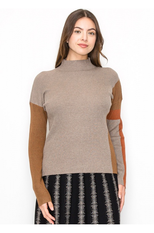 Taupe Ribbed Sweater with Warm Accents