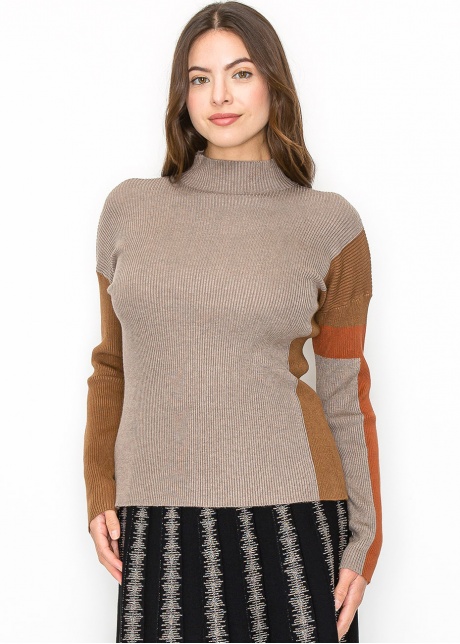 Taupe Ribbed Sweater with Warm Accents
