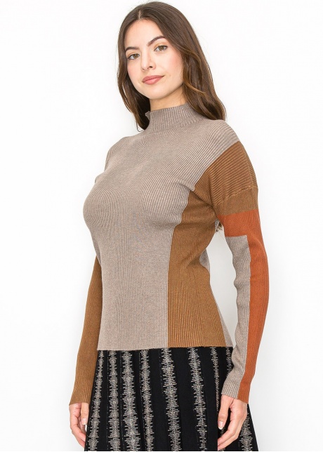 Taupe Ribbed Sweater with Warm Accents