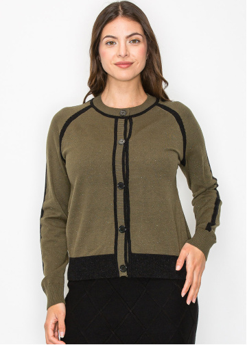 Olive and Black Trim Buttoned Cardigan