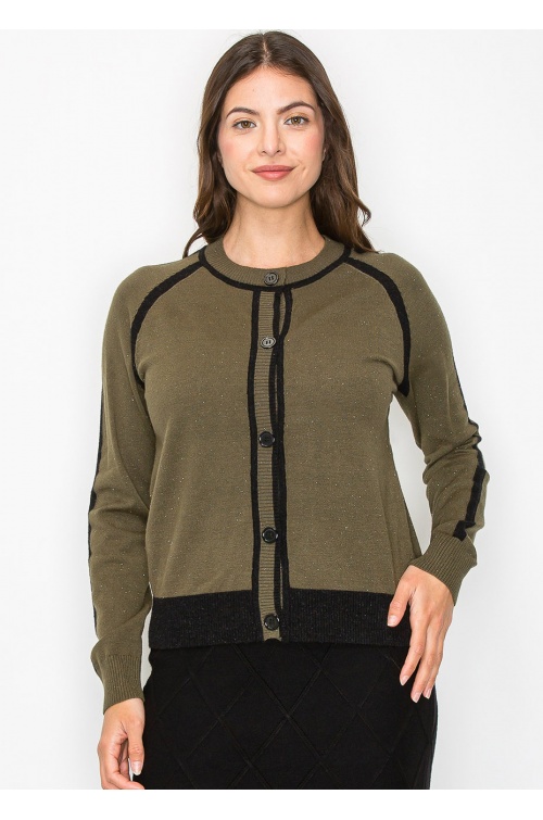 Olive and Black Trim Buttoned Cardigan