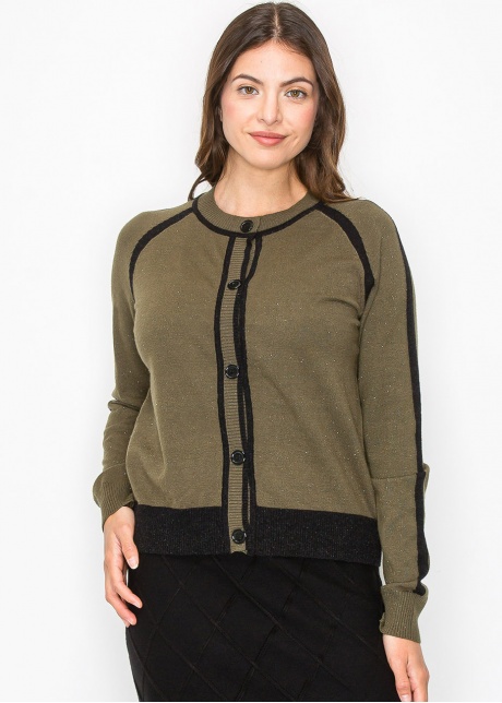 Olive and Black Trim Buttoned Cardigan