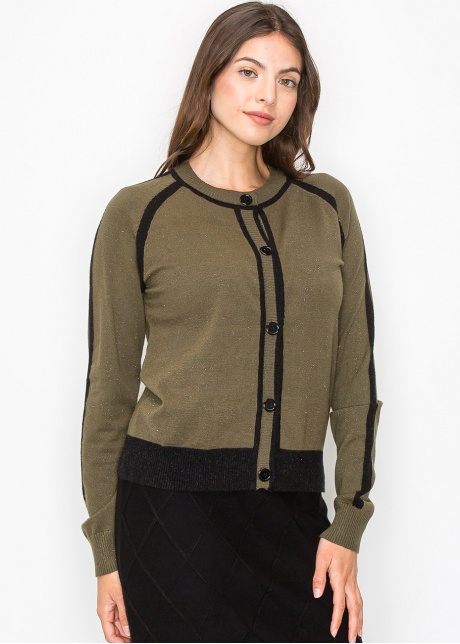 Olive and Black Trim Buttoned Cardigan