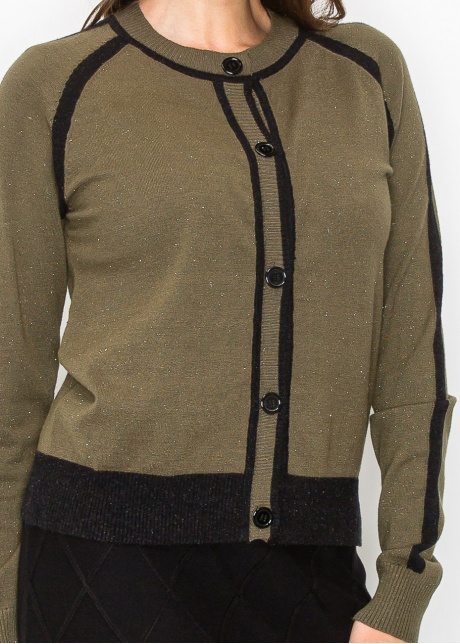 Olive and Black Trim Buttoned Cardigan