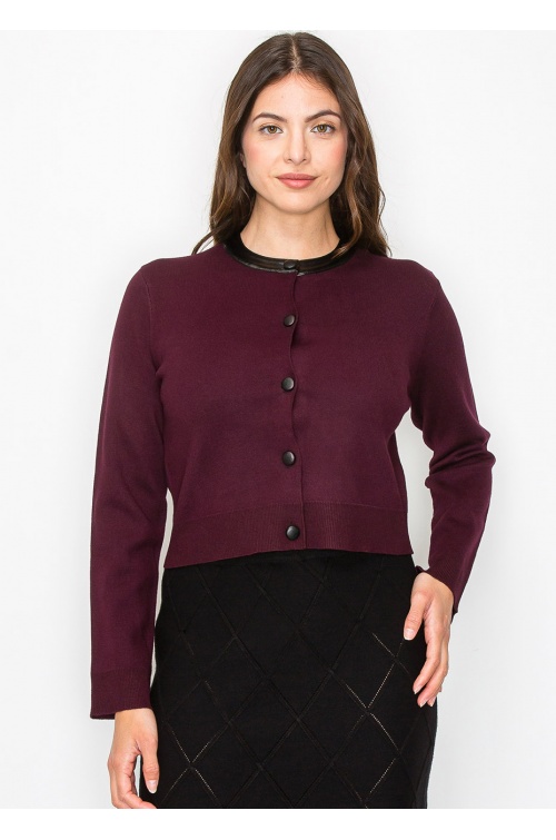 Burgundy Knit Cardigan with Elegant Collar Accent