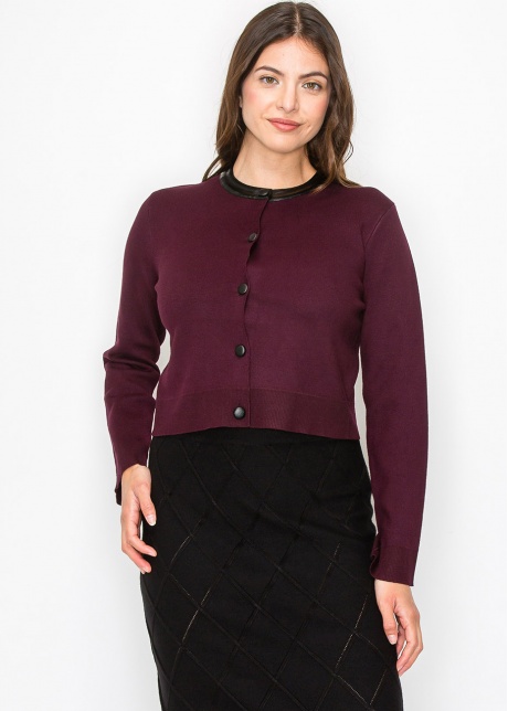 Burgundy Knit Cardigan with Elegant Collar Accent