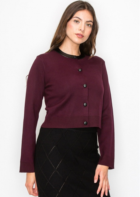 Burgundy Knit Cardigan with Elegant Collar Accent