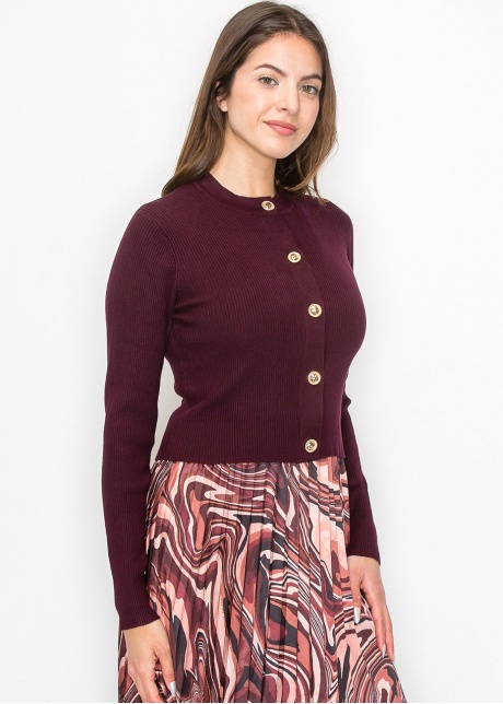 Burgundy Gold-Button Ribbed Cardigan