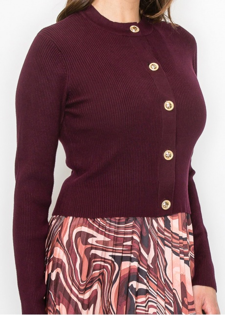 Burgundy Gold-Button Ribbed Cardigan