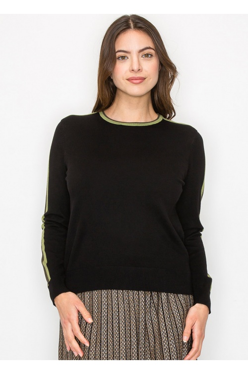 Black Sweater with Olive Stripe Detail