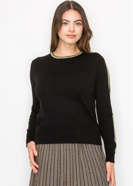 Black Sweater with Olive Stripe Detail