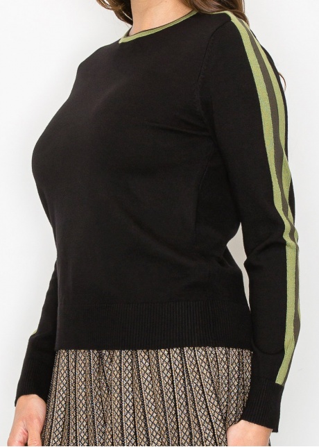 Black Sweater with Olive Stripe Detail