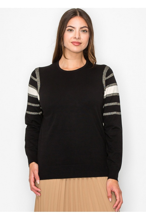 Black Sweater with Metallic Stripe Accents