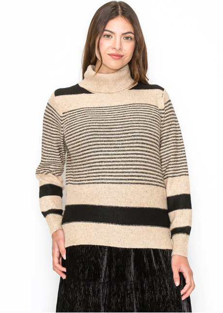 Camel and Black Striped Turtleneck Sweater