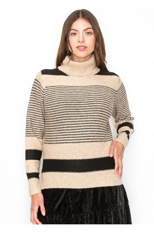 Camel and Black Striped Turtleneck Sweater