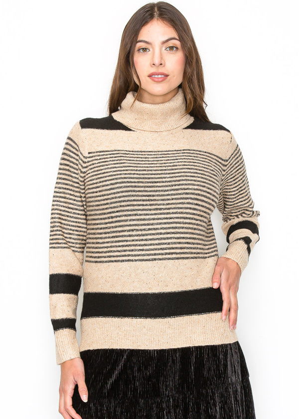 Camel and Black Striped Turtleneck Sweater