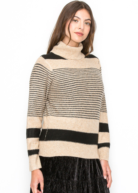 Camel and Black Striped Turtleneck Sweater