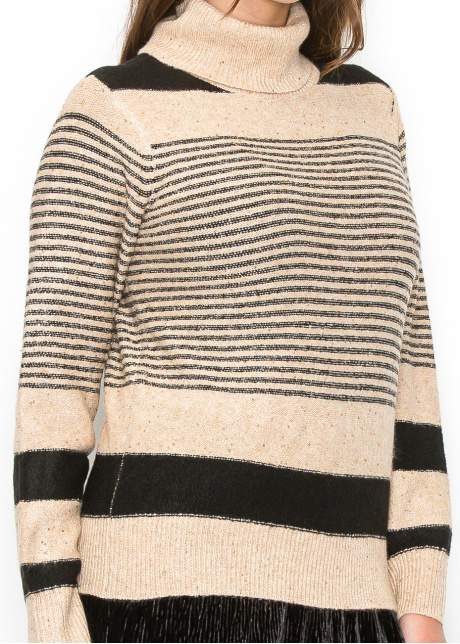 Camel and Black Striped Turtleneck Sweater