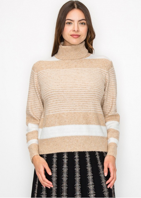 Beige Striped Turtleneck Sweater