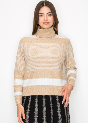 Beige Striped Turtleneck Sweater