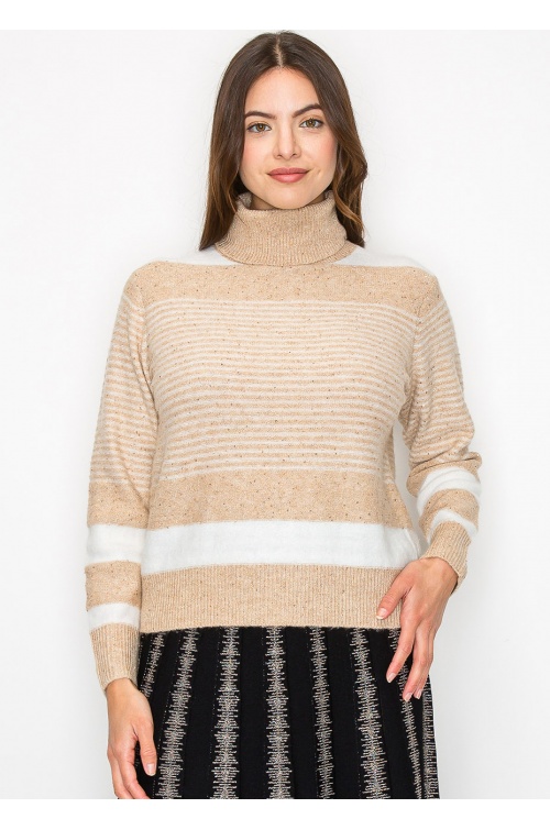 Beige Striped Turtleneck Sweater