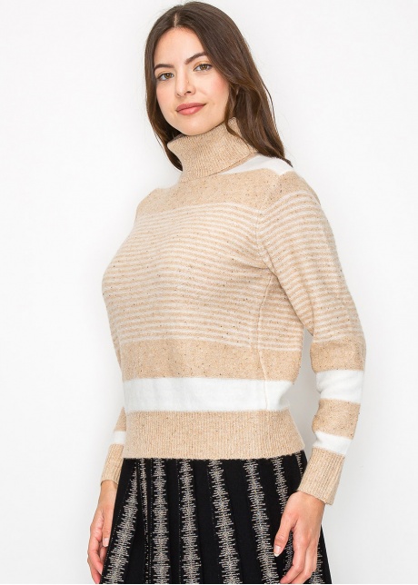 Beige Striped Turtleneck Sweater