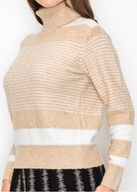 Beige Striped Turtleneck Sweater