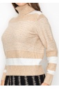 Beige Striped Turtleneck Sweater