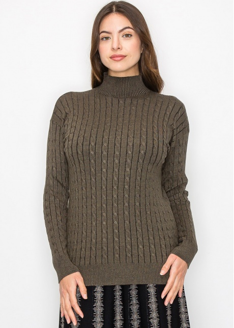Olive High Neck Cable Sweater