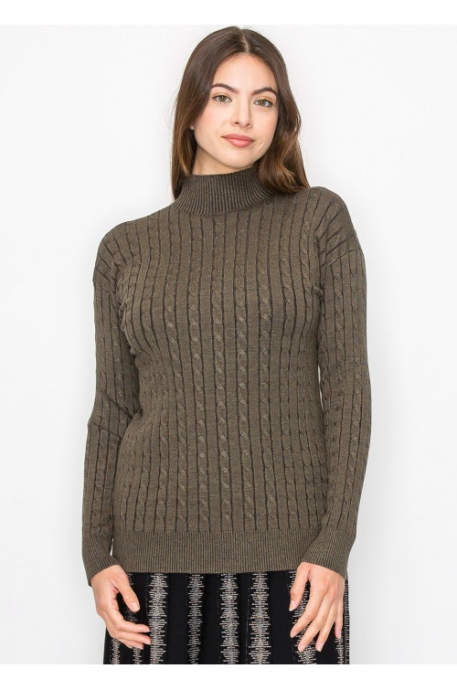 Olive High Neck Cable Sweater