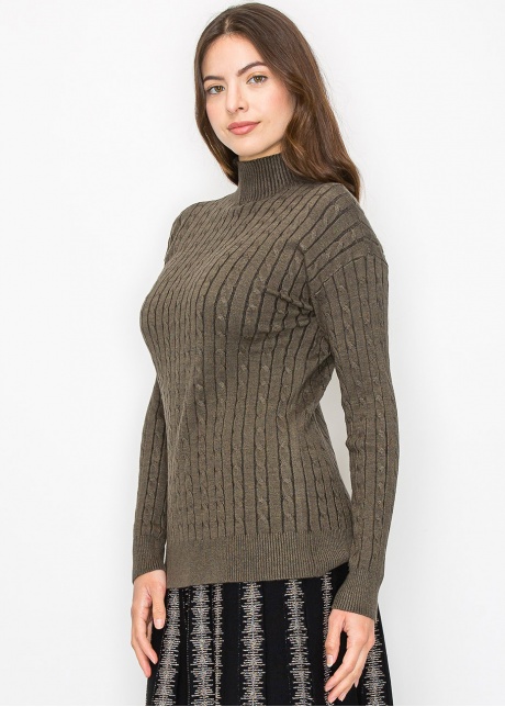 Olive High Neck Cable Sweater