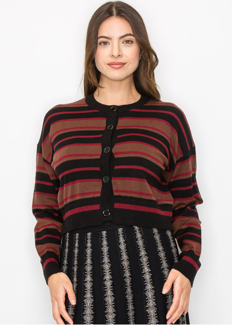 Striped Burgundy & Black Cropped Cardigan