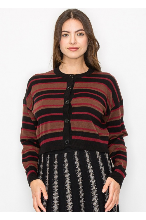 Striped Burgundy & Black Cropped Cardigan