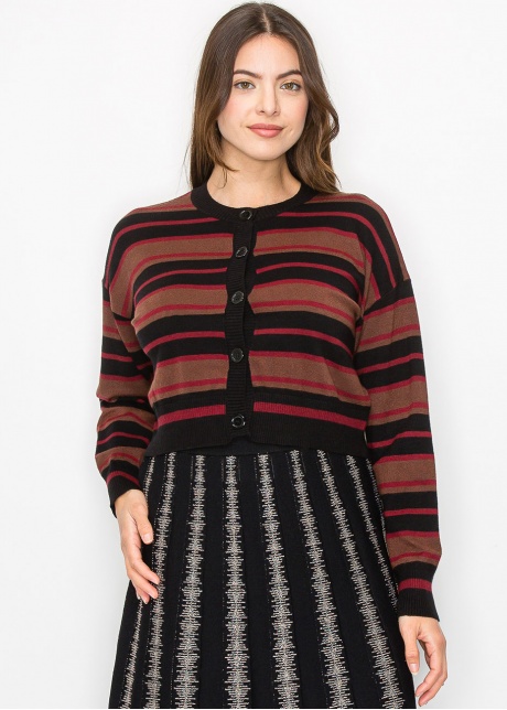 Striped Burgundy & Black Cropped Cardigan