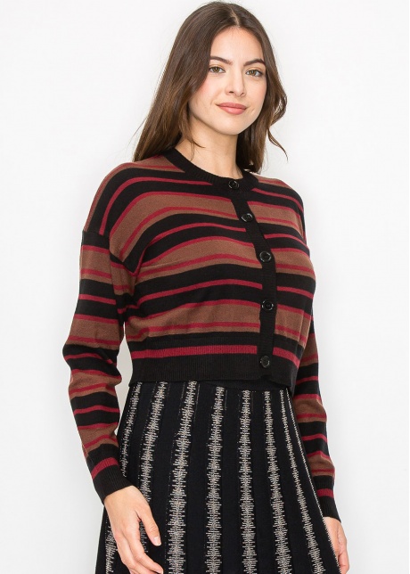Striped Burgundy & Black Cropped Cardigan