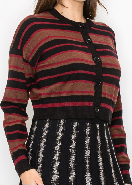 Striped Burgundy & Black Cropped Cardigan