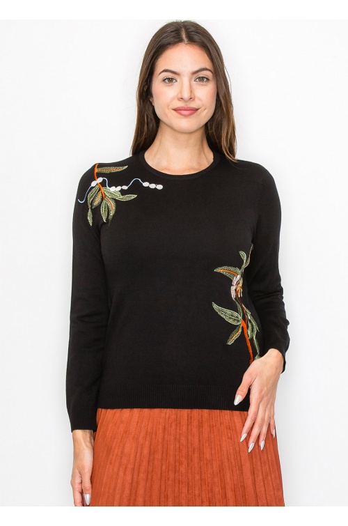 Classic Black Sweater with Colorful Embroidery