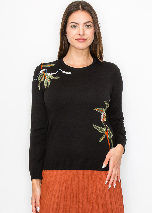 Classic Black Sweater with Colorful Embroidery