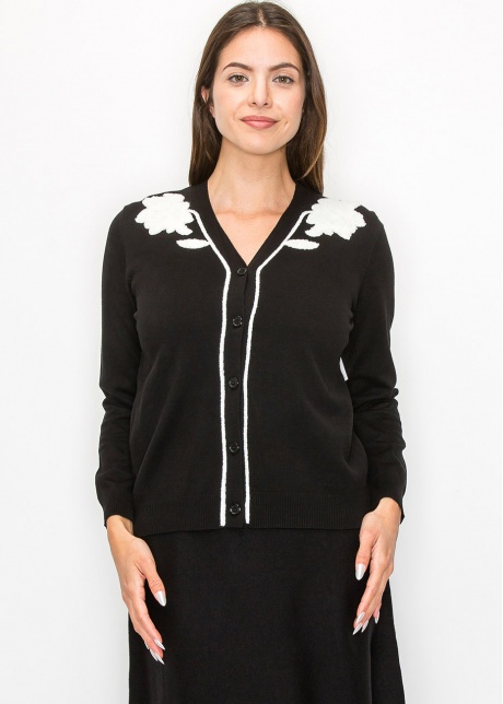 Black and White Floral Embroidered Cardigan