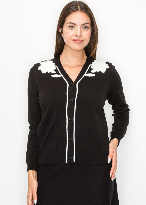 Black and White Floral Embroidered Cardigan