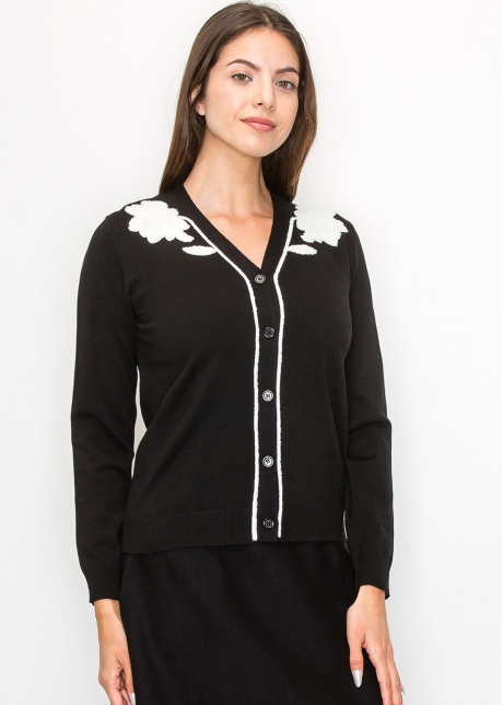 Black and White Floral Embroidered Cardigan