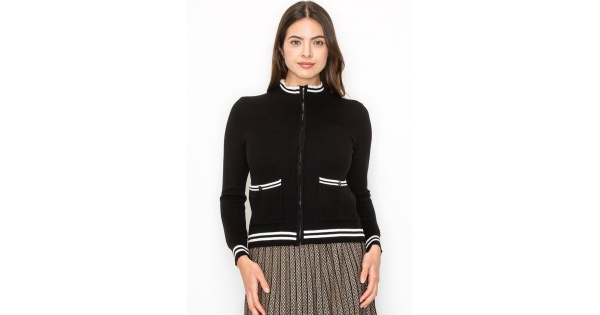 Zip-Up Black Cardigan with Striped Details | Modest Women