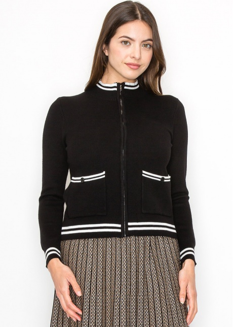Zip-Up Black Cardigan with Striped Details