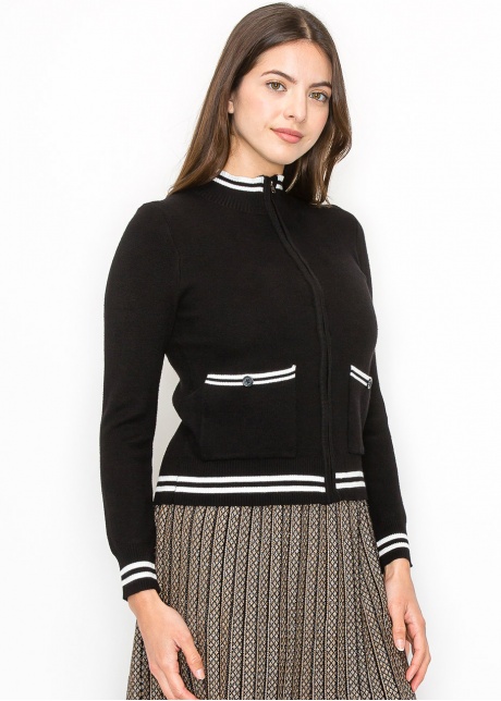 Zip-Up Black Cardigan with Striped Details