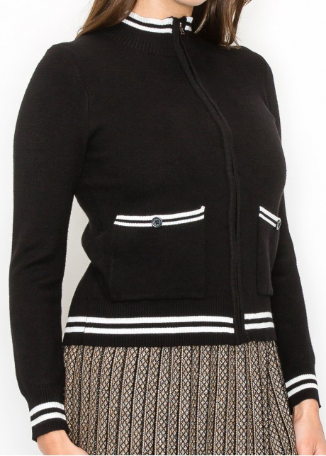 Zip-Up Black Cardigan with Striped Details