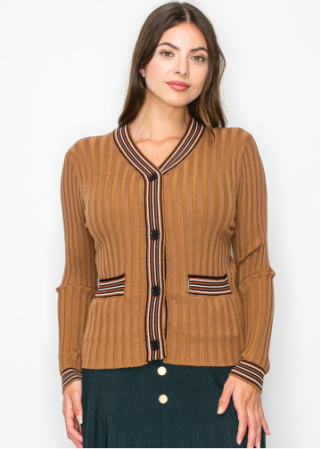 Ribbed Camel Cardigan with Striped Details
