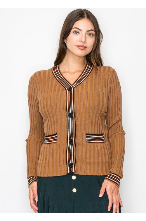 Ribbed Camel Cardigan with Striped Details